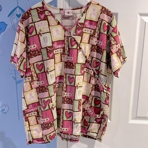 Peaches Uniforms Breast Cancer Hope Love Hearts Flowers Print Scrub Top Women's